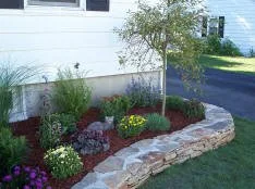Planting bed edged with stone and filled with shrubs
