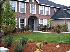 Well-kept front lawn with mulched beds and shrubs